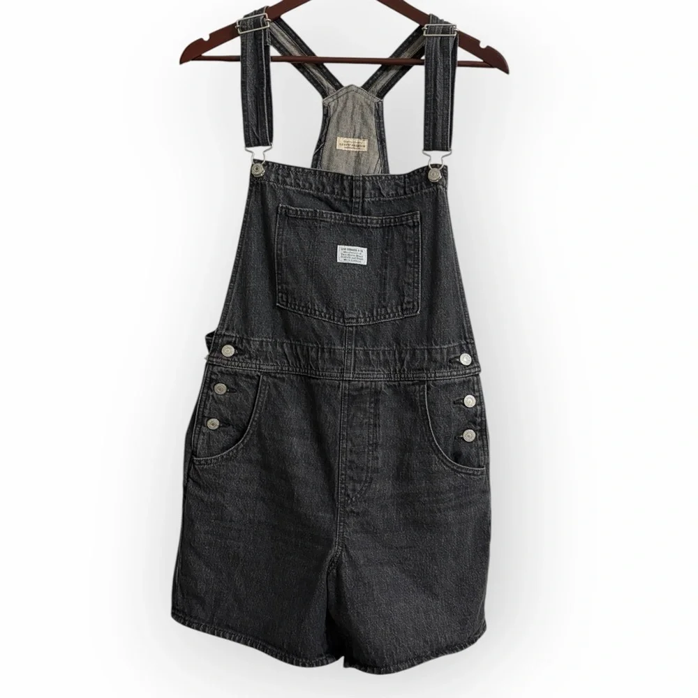 Levis Black Denim Short Overalls with Adjustable Straps Sz M - Picture 2 of 10
